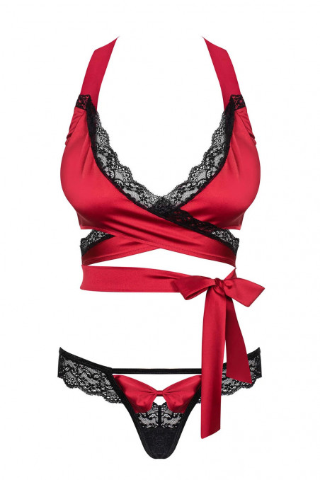 Атласний комплект з мереживом Obsessive Sensuelia Set Червоний