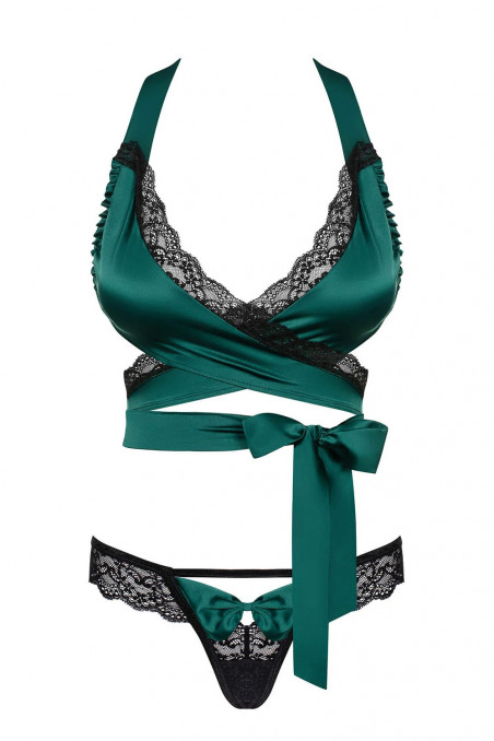 Атласний комплект з мереживом Obsessive Sensuelia Set Смарагдовий