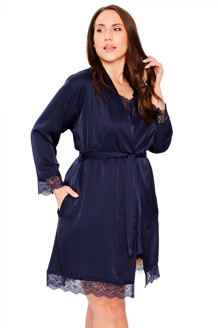 Халат сатиновый большого размера Mona Satin Robe Lace Navy • Dorin.shop