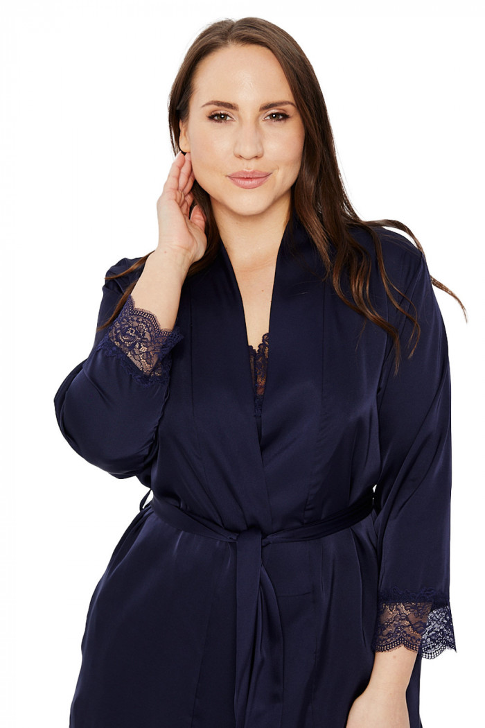 Халат сатиновий великого розміру Mona Satin Robe Lace Navy — Купити в Dorin.shop | Ціна, Фото