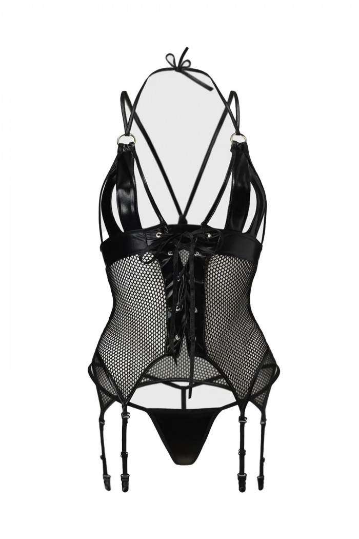 Корсет из сетки с латексом и трусиками Passion Katriss  — Заказать онлайн с доставкой